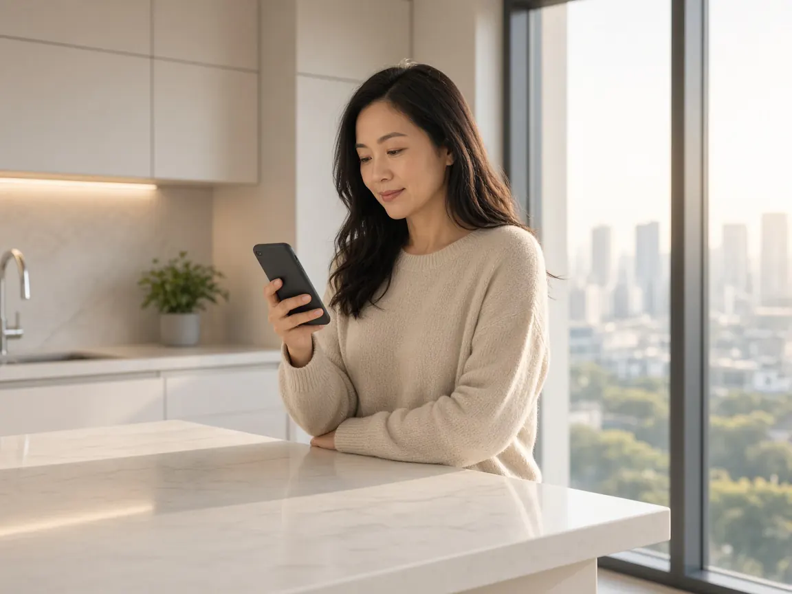 A condominium resident in a sunlit kitchen looking at her phone after getting a clear answer