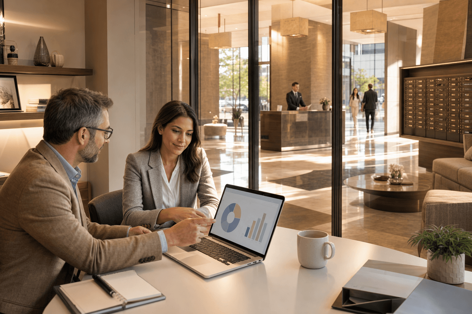 Property manager and board director reviewing corporation finances on a laptop with the condominium lobby visible behind them
