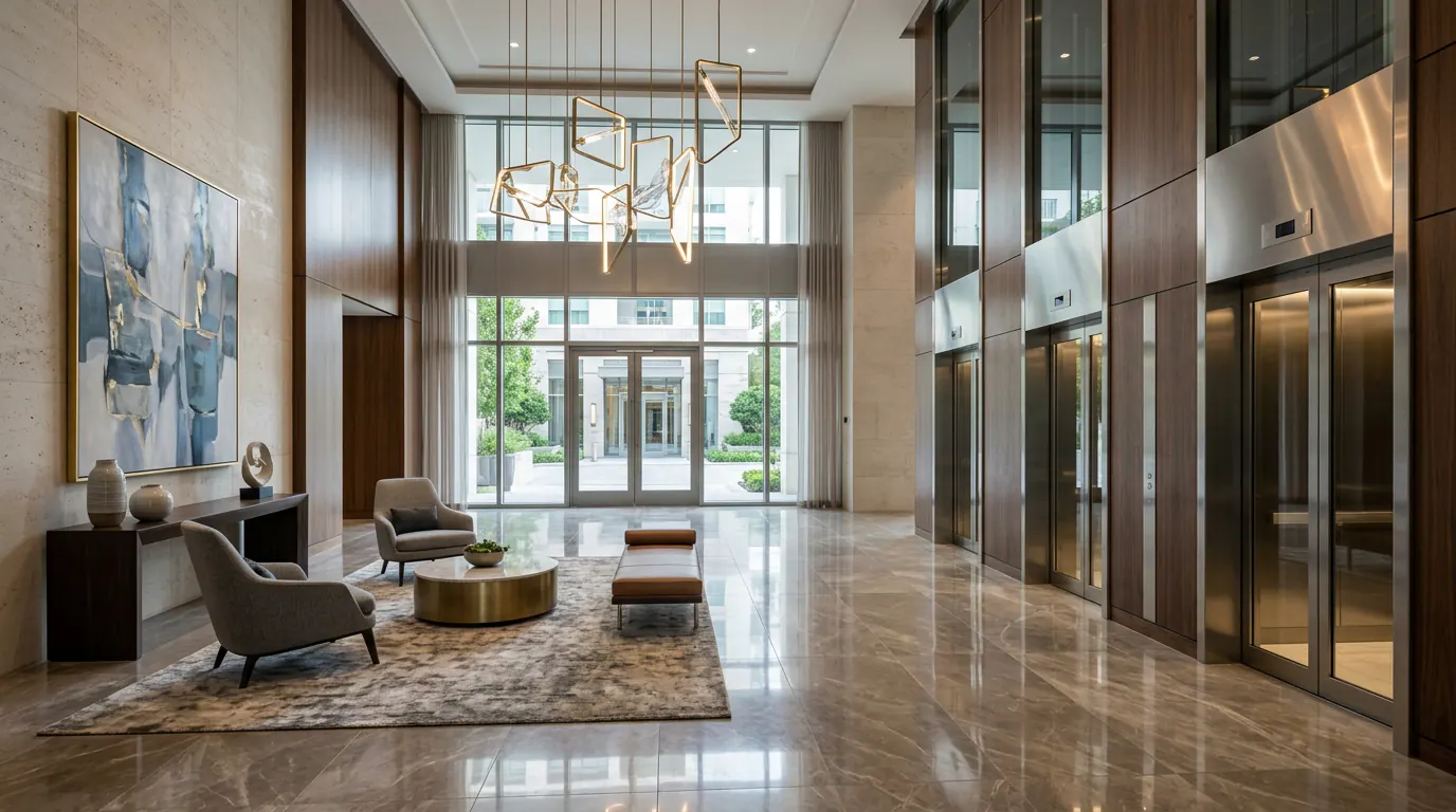 Refined condominium lobby with marble floors and contemporary lighting