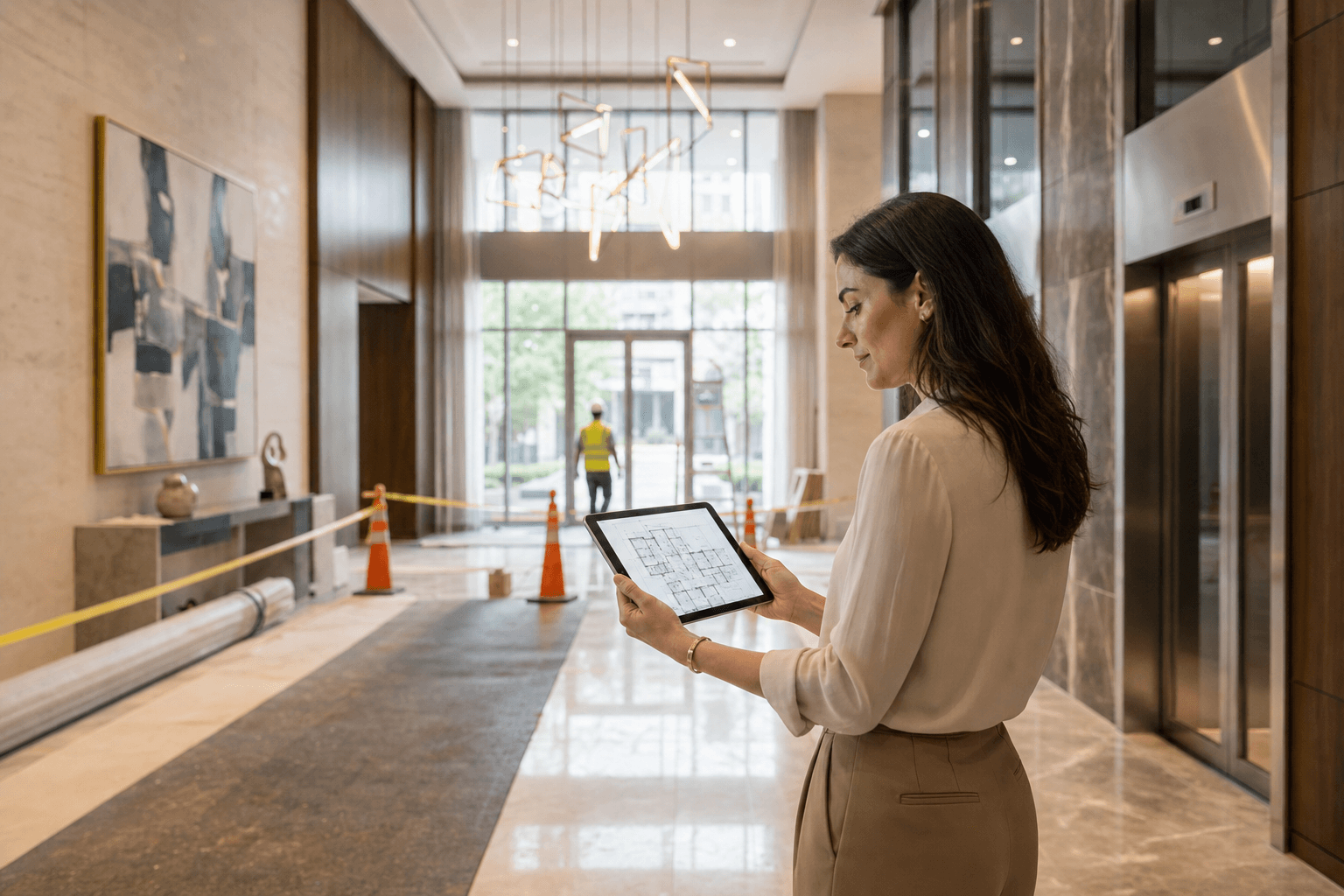 Property manager reviewing capital project plans during a lobby renovation in a modern condominium