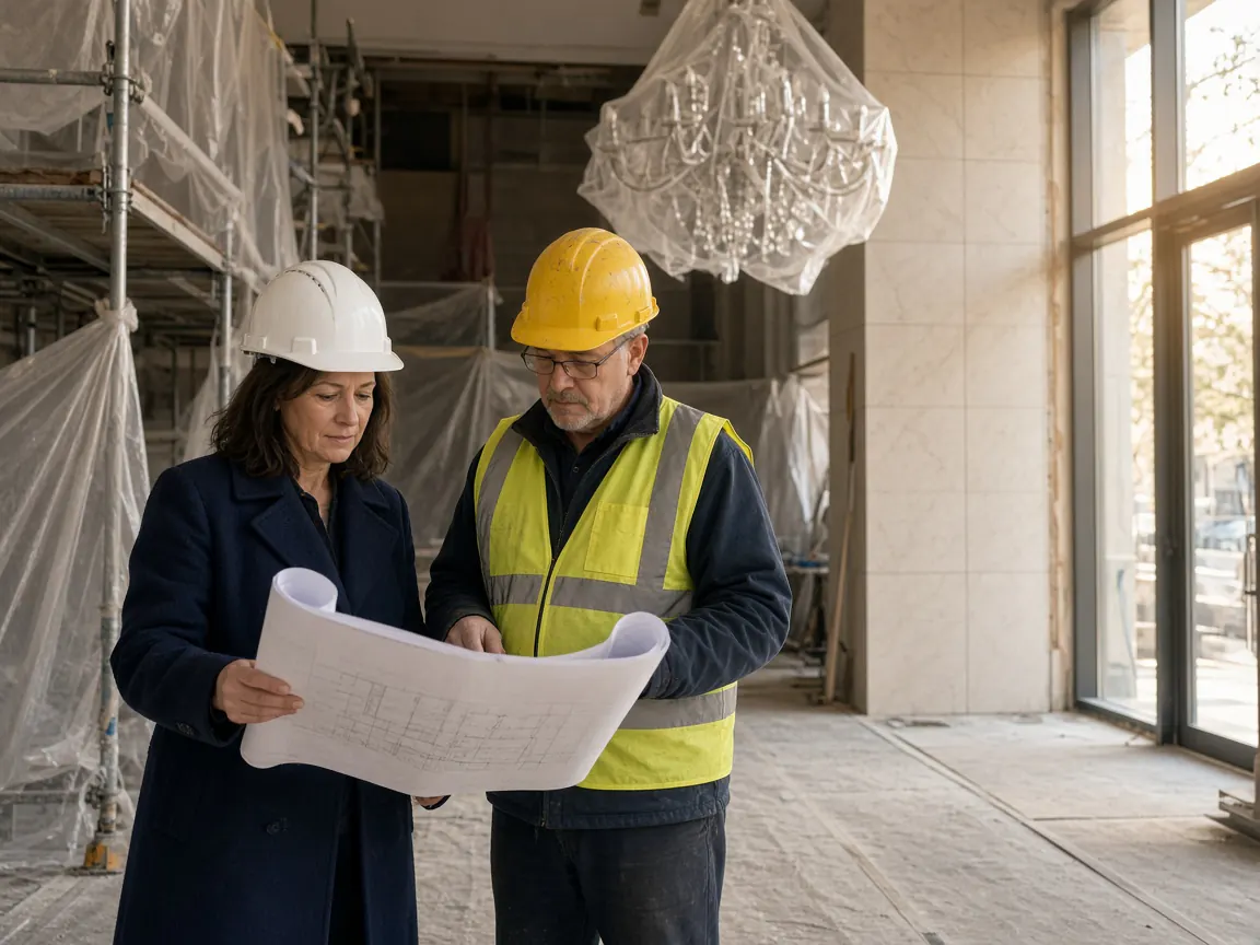 Property manager and site superintendent reviewing drawings during a condominium lobby renovation